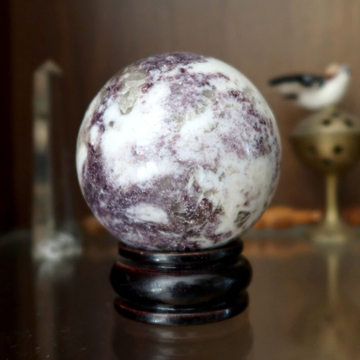 Lepidolite Sphere Purple White Crystal Ball Wood Stand