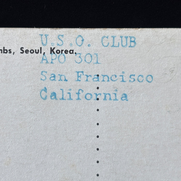 Vintage Postcard USO Club San Francisco Military APO 301 Kings Tombs Seoul Korea