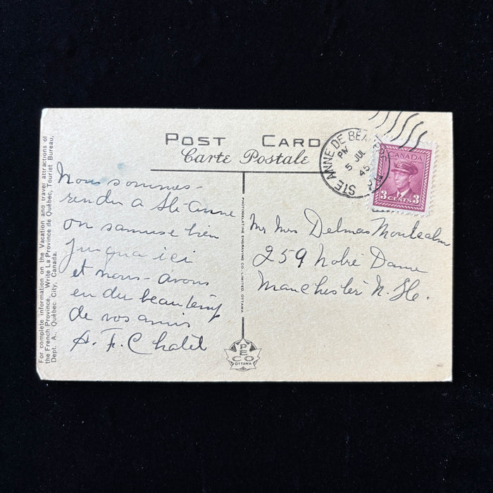 Vintage Postcard 1945 Fisherman Montmorency Falls Quebec Canada Ste Anne Cancel