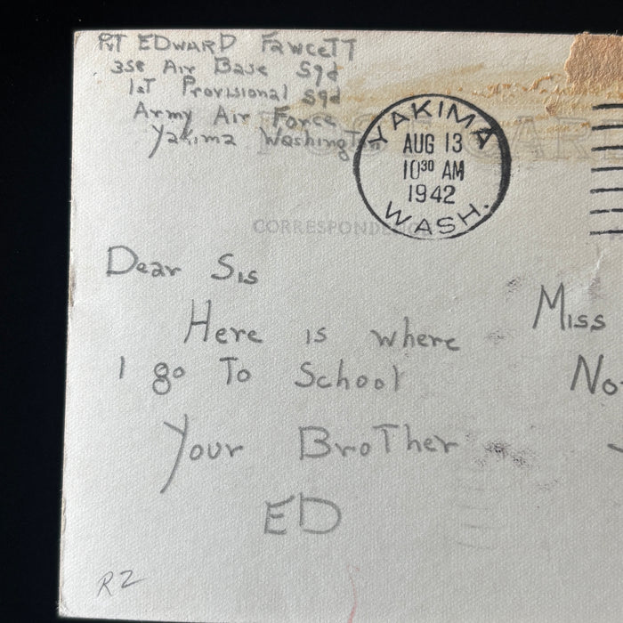 Vintage Postcard RPPC 1942 WW2 Military Mail Perry Institute Yakima WA Air Force