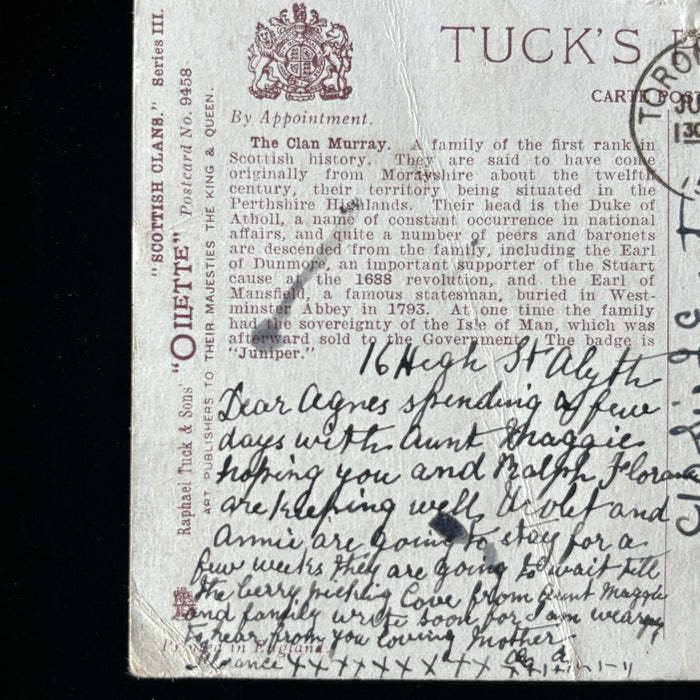 Antique Postcard 1916 Clan Murray Blair Castle Berry Pick Alyth Scotland Canada