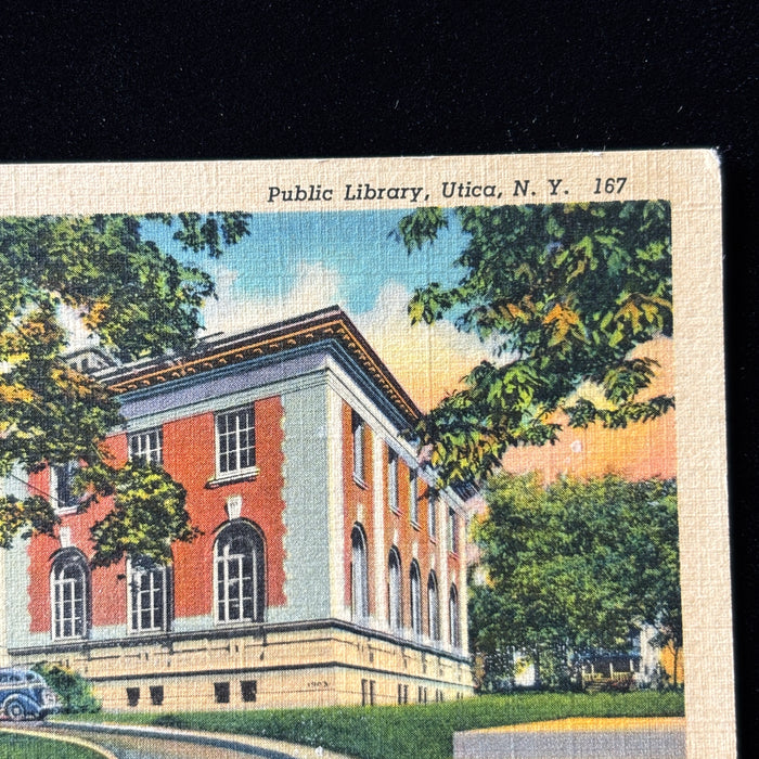 Vintage Postcard 1941 Utica NY Public Library Pre-WWII Message Social History