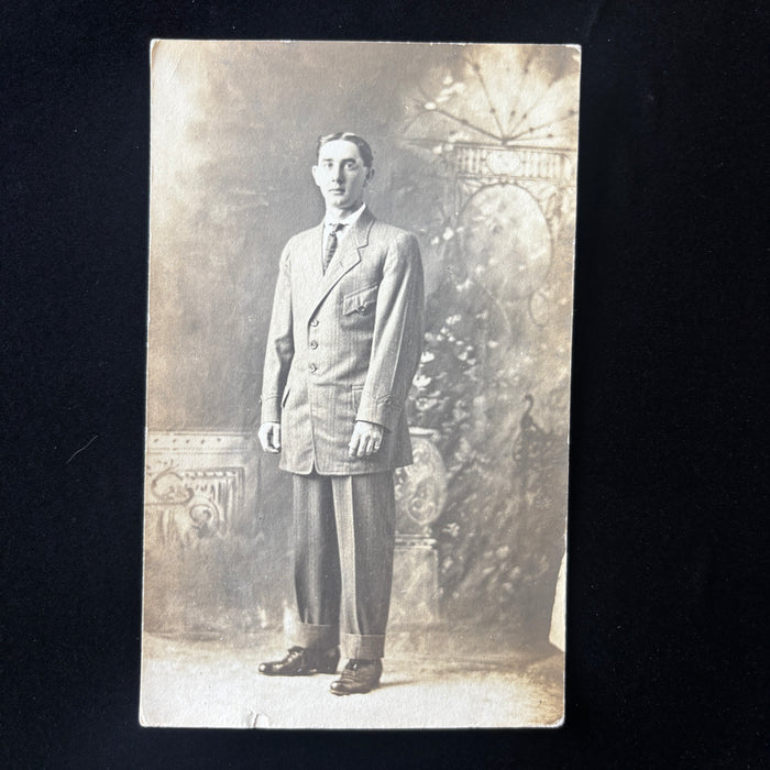 Antique Postcard RPPC Edwardian Man Pinstripe Suit Studio Portrait Mens Fashion