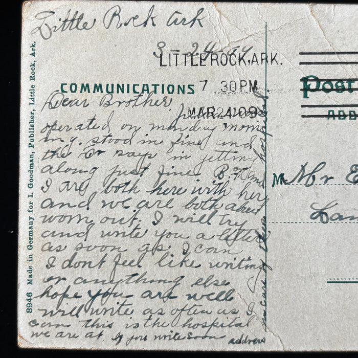 Antique Postcard 1909 Surgery Physician Hospital Little Rock AK Lanes Prairie MO