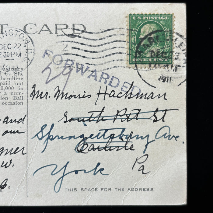 Antique Postcard 1911 Forwarded Cancel Washington DC Pension Office York PA
