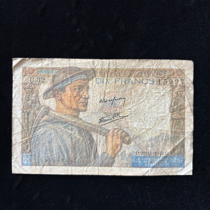 Vintage Banknote Set WWII France Allied 2 & 10 Francs Goddess Miner Lot 3 Pcs