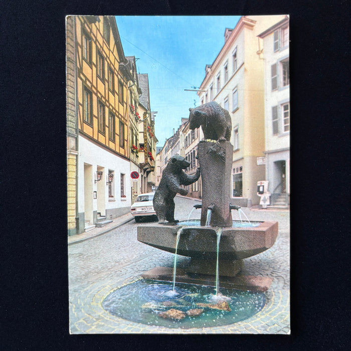 Vintage Postcard Bear Fountain Bernkastel Kues Germany Barenbrunnen White Car