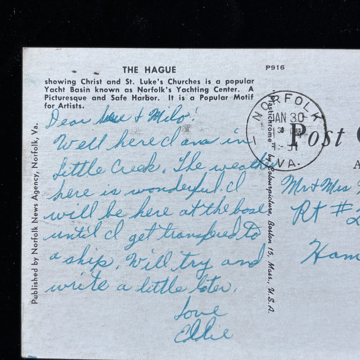 Vintage Postcard 1951 The Hague Norfolk VA Creek Navy Womens Military History