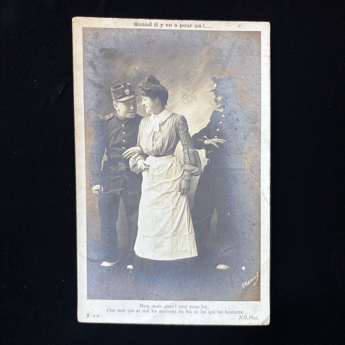 Antique Postcard 1900s RPPC Love Triangle Military Police French Humor Romance