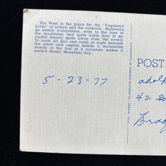 Vintage Postcard 1930 Call of the Trail Poem Vagabond Lovers Rocky Mountains CO