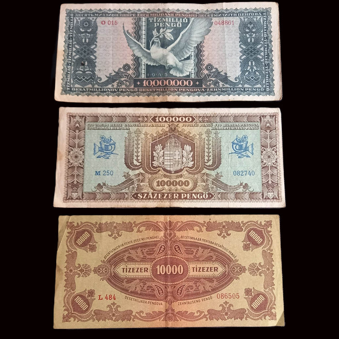 Vintage Banknote 1945 Hungary 10K Stamped, 100K, 10M Pengő Currency Progression Set