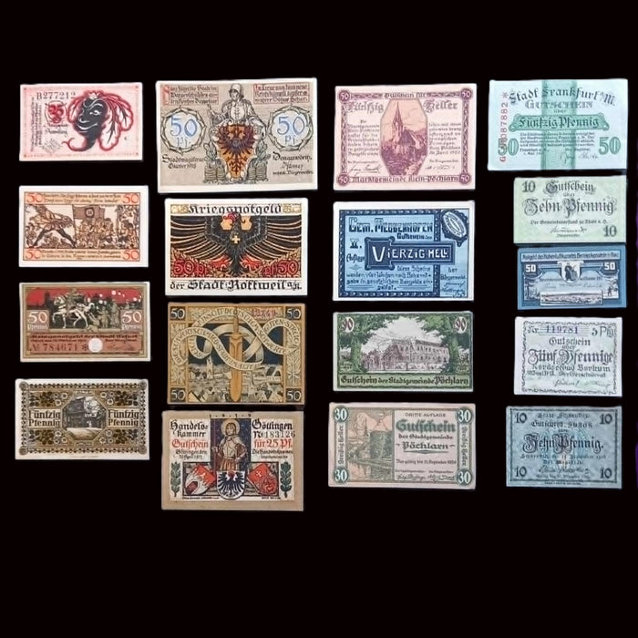 Antique Banknote Notgeld 17pc Collector Set 1917-21 Germany Austria WWI Emergency Paper Art