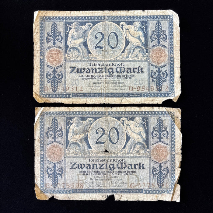 Antique Banknote 1915 Lot German Reichsbanknote 20 Mark WWI Historic Relic Art