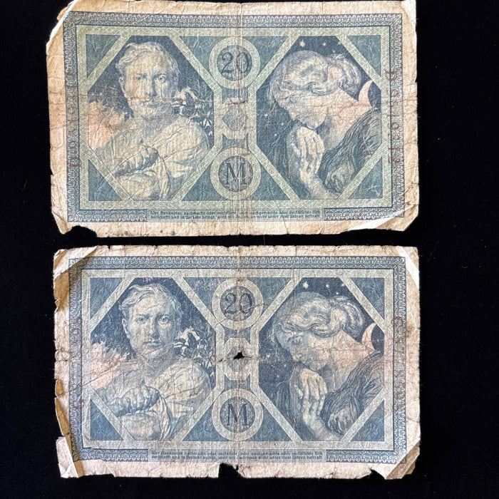 Antique Banknote 1915 Lot German Reichsbanknote 20 Mark WWI Historic Relic Art
