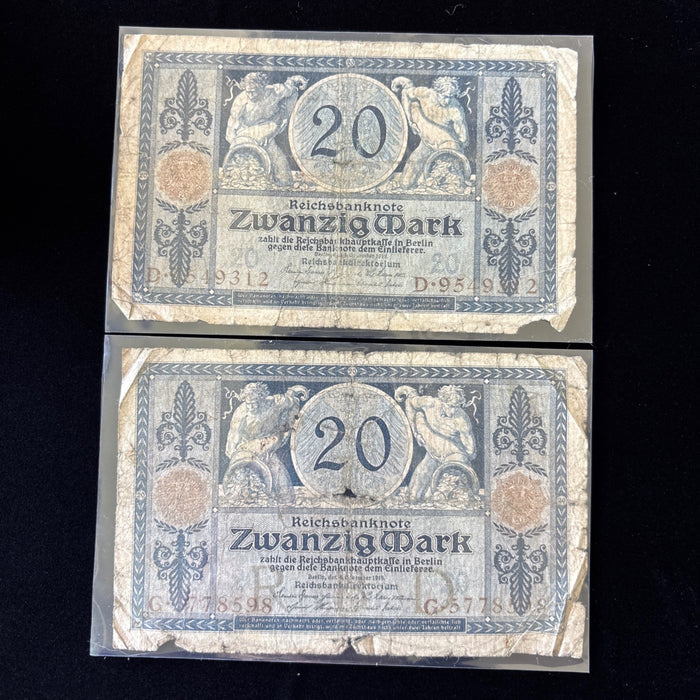 Antique Banknote 1915 Lot German Reichsbanknote 20 Mark WWI Historic Relic Art