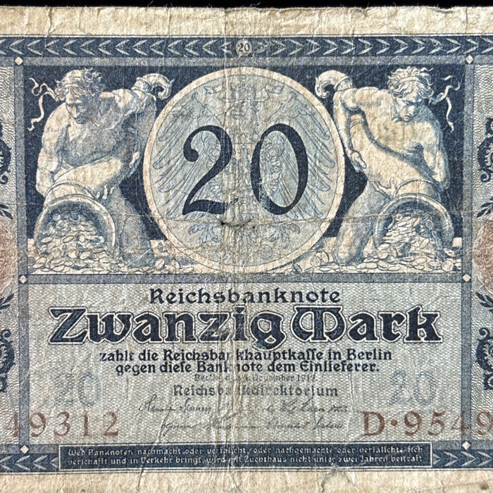 Antique Banknote 1915 Lot German Reichsbanknote 20 Mark WWI Historic Relic Art