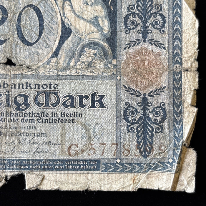 Antique Banknote 1915 Lot German Reichsbanknote 20 Mark WWI Historic Relic Art
