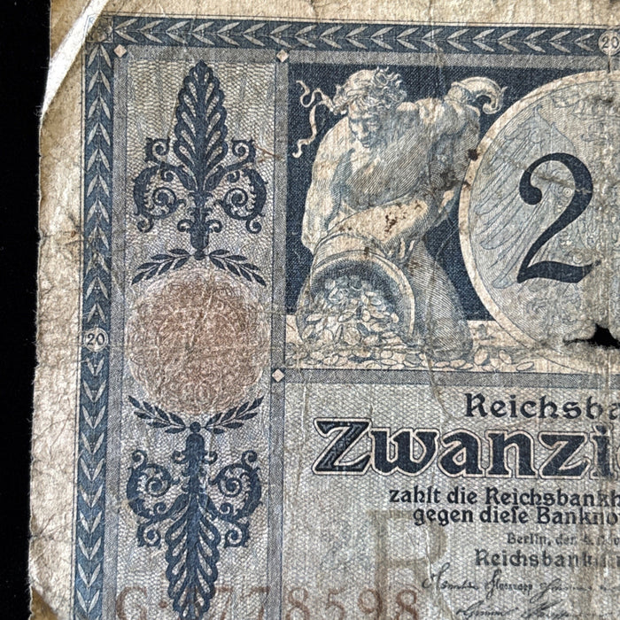 Antique Banknote 1915 Lot German Reichsbanknote 20 Mark WWI Historic Relic Art