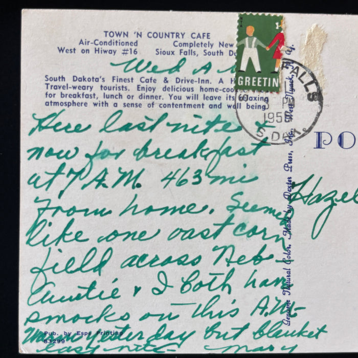 Vintage Postcard 1956 Smocks Town N Country Cafe Sioux Falls South Dakota Kansas