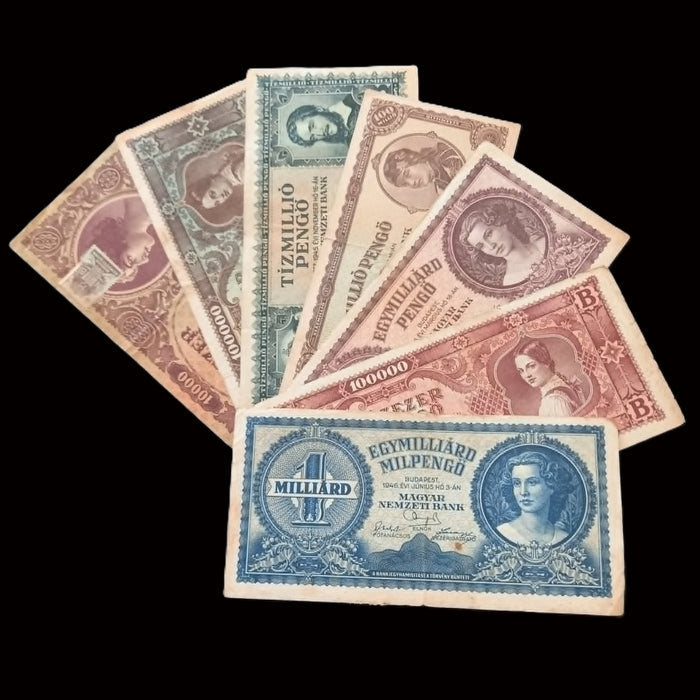 Vintage Banknote Set 1945-46 Hungary 100 Quadrillion Százezer B-Pengő Hyperinflation 7pc