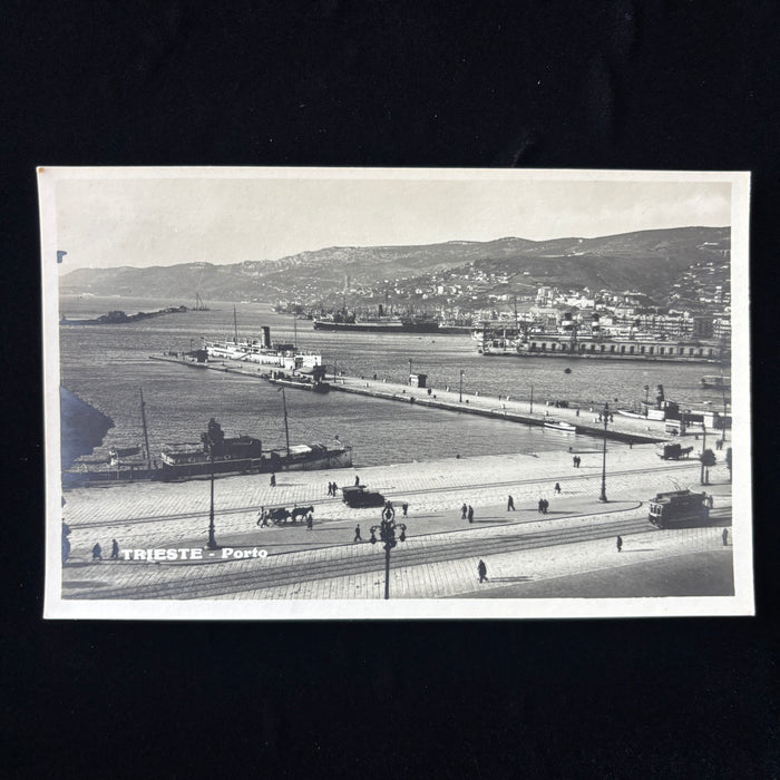 Vintage Postcard 1930s RPPC Trieste Porto Italy Ships Trolley Horse Carriages