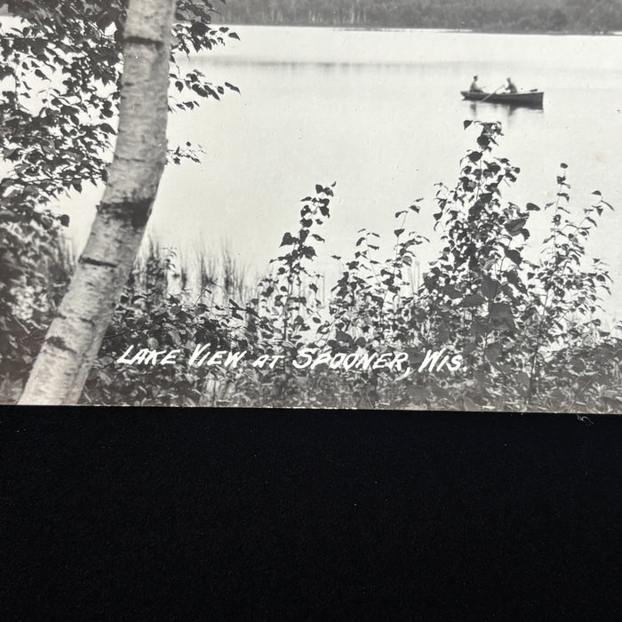 Vintage Postcard RPPC Boat Lake View Spooner Wisconsin Fishing Peaceful Birch