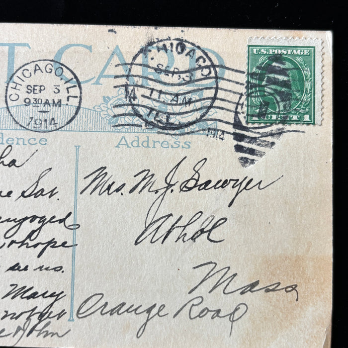 Antique Postcard 1914 Chicago Illinois Arts Craft Hospitality Visit Double Stamp