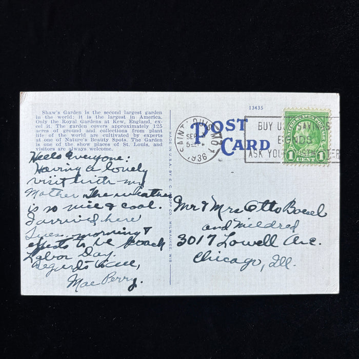 Vintage Postcard 1936 Shaws Garden St Louis MO Interior Greenhouse Bonds Slogan