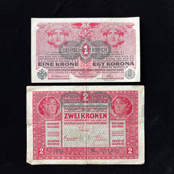 Antique Banknote 1916 Set Austro-Hungarian Deutschosterreich Overprint Kronen Lot 2pc