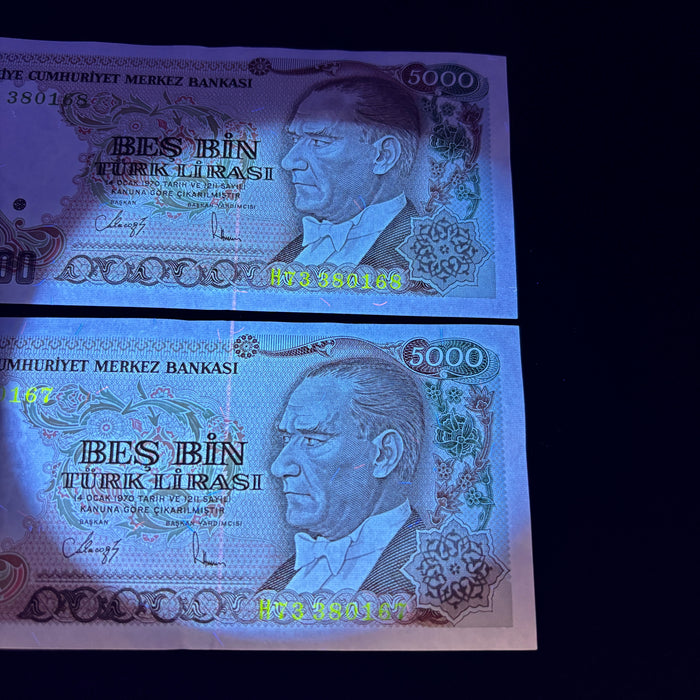 Vintage Banknote 1985 Set Turkey Consecutive Pair 5000 Lirasi UV Verified UNC
