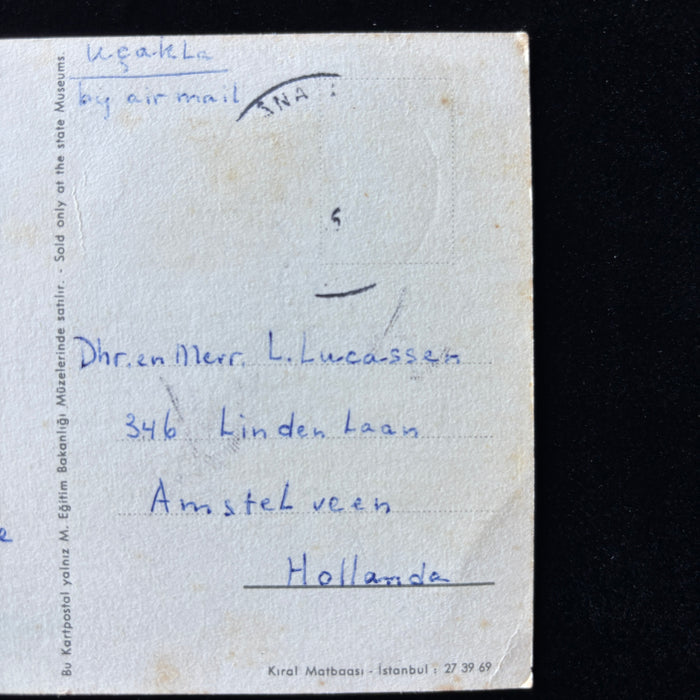 Vintage Postcard 1969 Konya Turkey Mevlana Museum Rock Lamp Artifact to Holland