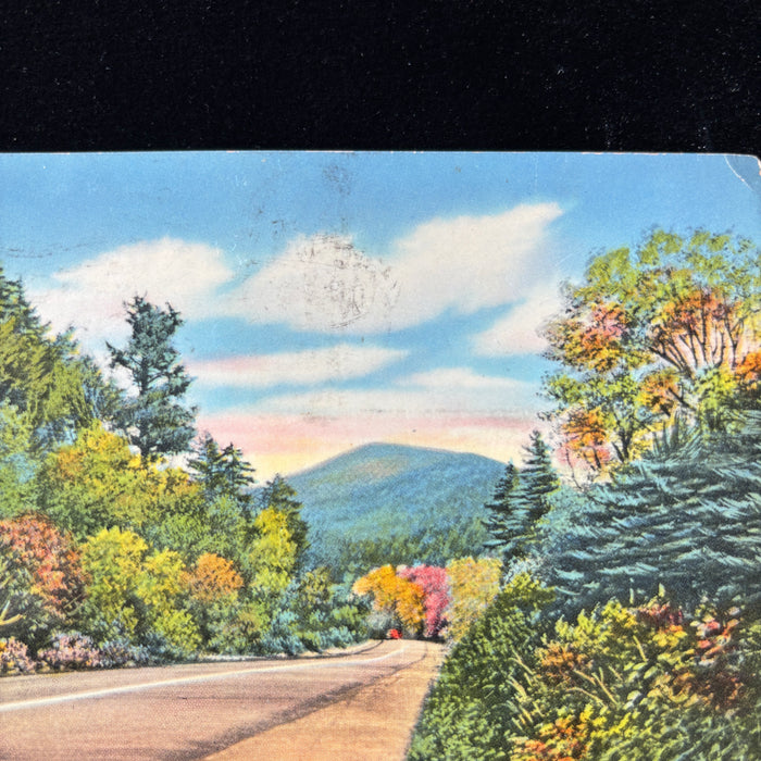 Vintage Postcard 1953 "On the Grind" Adirondacks NY Red Car Scenic Mountains