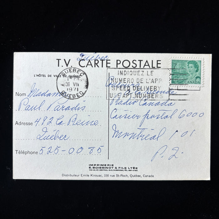Vintage Postcard 1971 Quebec City Hall Radio Canada Montreal Contest Entry Posted