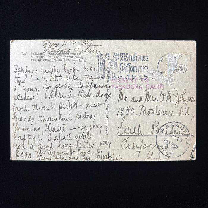 Vintage Postcard 1935 RPPC Salzburg Austria Castle Missent Pasadena California