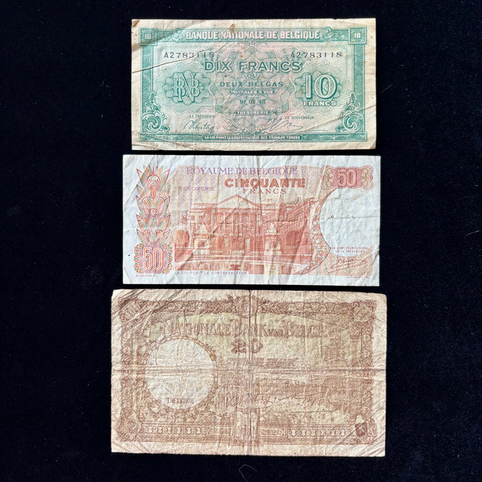 Vintage Banknote Set Belgian Francs Belgas Royal Portraits Bilingual Lot 3pc
