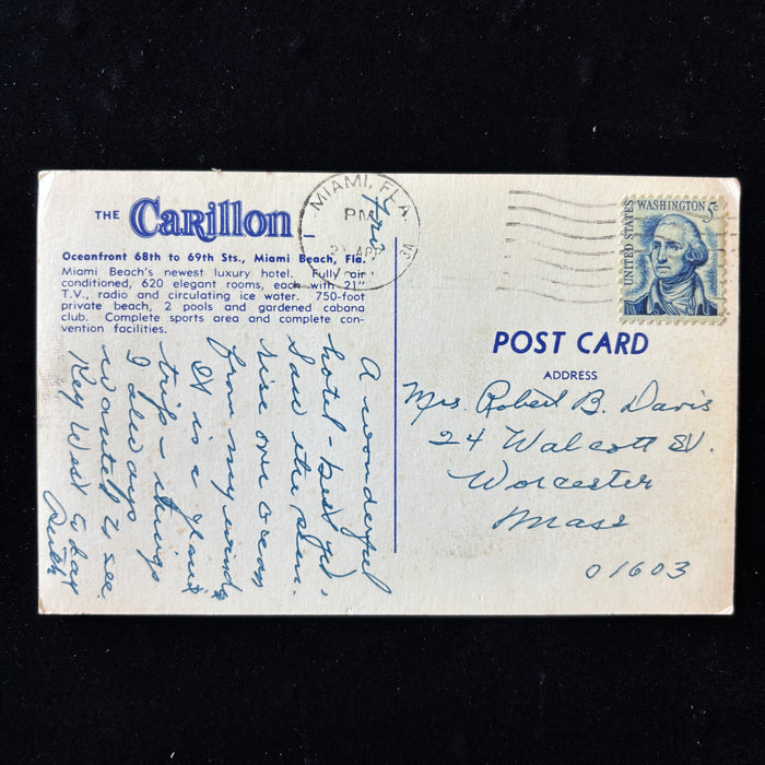 Vintage Postcard 1960s Ice Water Carillon Hotel Miami Beach FL MiMo Architecture