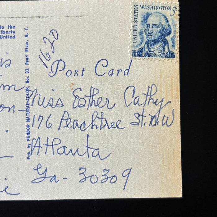 Vintage Postcard 1966 Statue Of Liberty Peachtree St Atlanta GA Posted NY Harbor