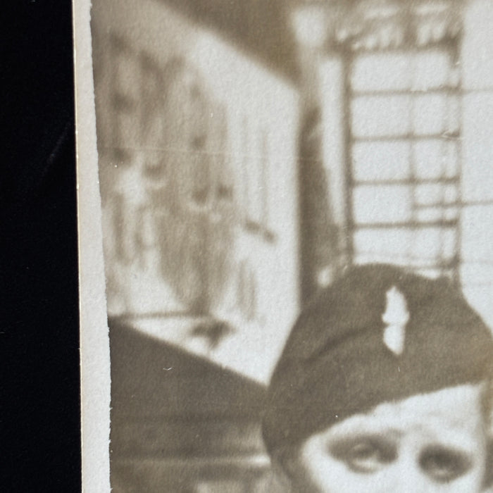 Vintage Postcard WW2 RPPC Military Uniform Soldier Hosiery Street Sign Portrait