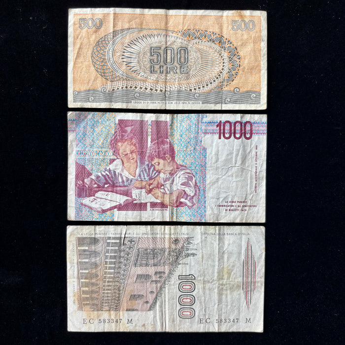 Vintage Banknote Set Italy 1000 Lire Marco Polo Montessori 500 Aretusa Lot 3pc