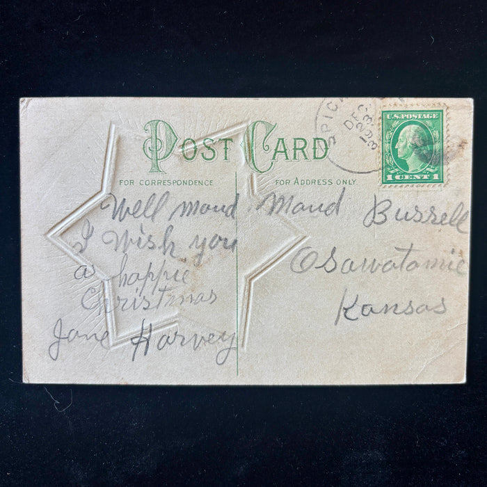 Antique Postcard 1913 Christmas Greeting Boy Sheep Star Embossed Osawatomie KS
