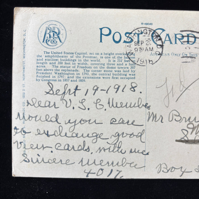 Antique Postcard 1918 Deltiology Exchange Club US Capitol Library of Congress DC
