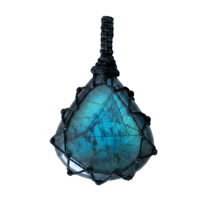 Labradorite Pendant Macrame Blue Flash Teardrop Charm