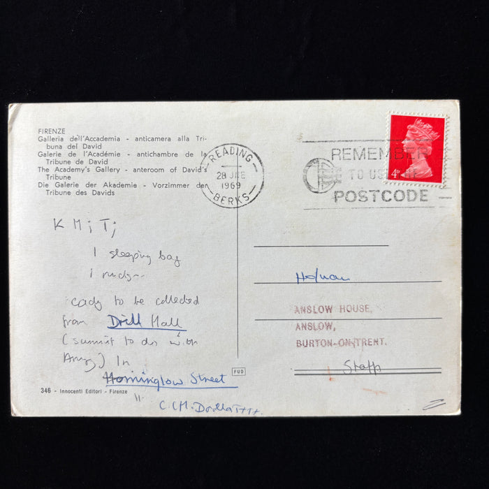 Vintage Postcard 1969 British Drill Hall Galleria Accademia Florence David Italy