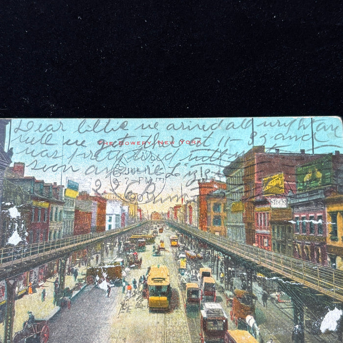Antique Postcard 1907 NYC Bowery Trolley Horse Cart Manhattan Street Life