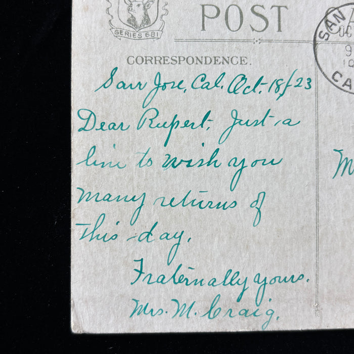 Antique Postcard 1923 Fraternally Yours Birthday Wish Poem San Jose California