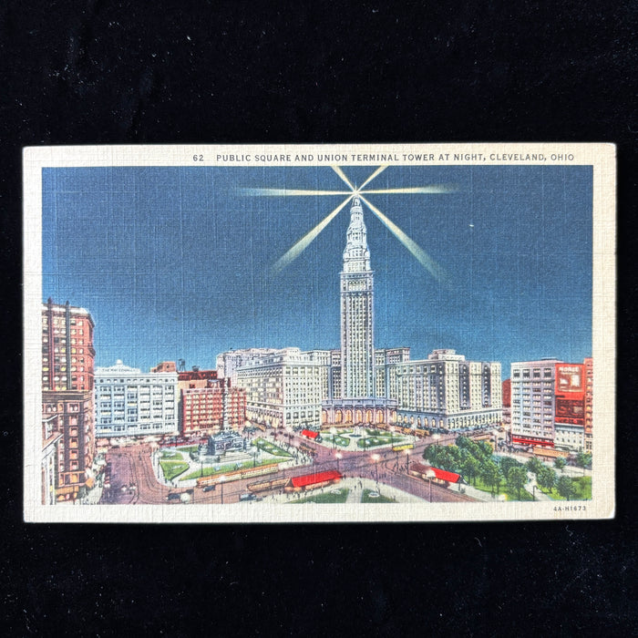 Vintage Postcard 1938 AC Show Bustling Cleveland OH Terminal Tower Night Linen