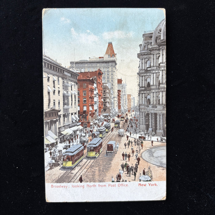 Antique Postcard 1910 Ghosting Msg Broadway Post Office NYC Trolley Street Life