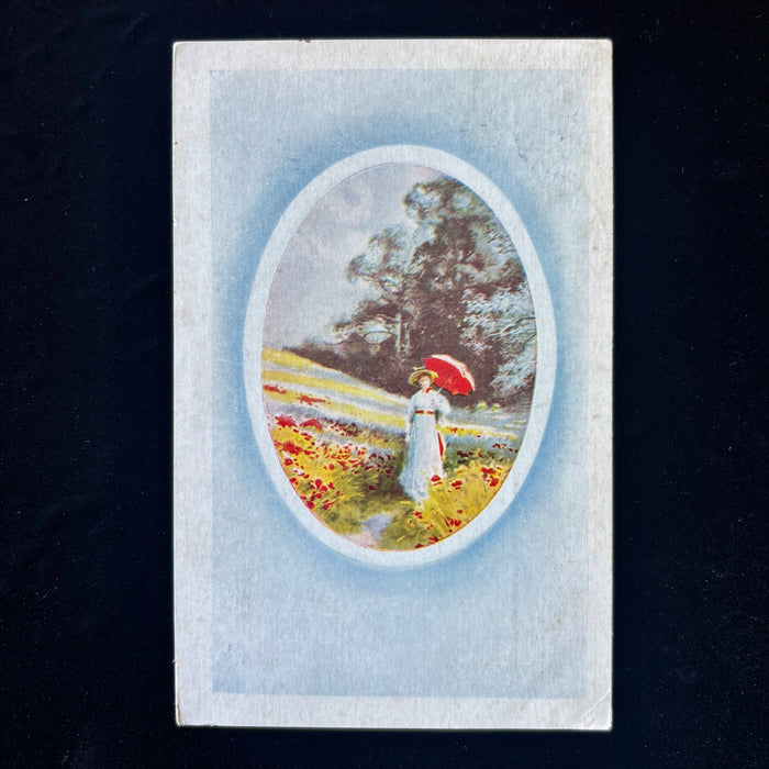Antique Postcard 1909 Fat Enough Monet Woman Parasol Opdyke IL DPO Eureka AR