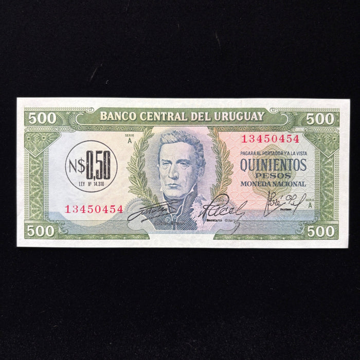 Vintge Banknote 1975 Uruguay UV Verified Artigas Dam Overprint 500 Pesos UNC
