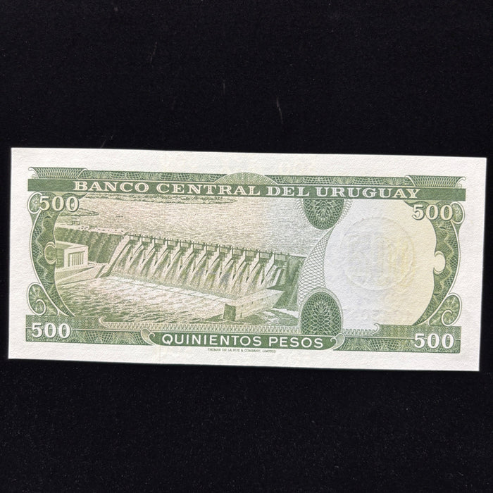 Vintge Banknote 1975 Uruguay UV Verified Artigas Dam Overprint 500 Pesos UNC